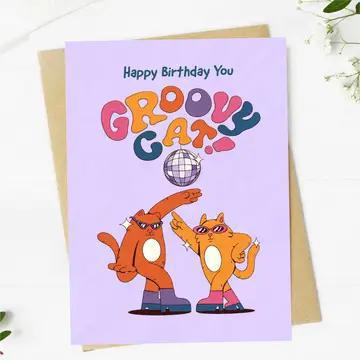 "Happy birthday you groovy cat" birthday card